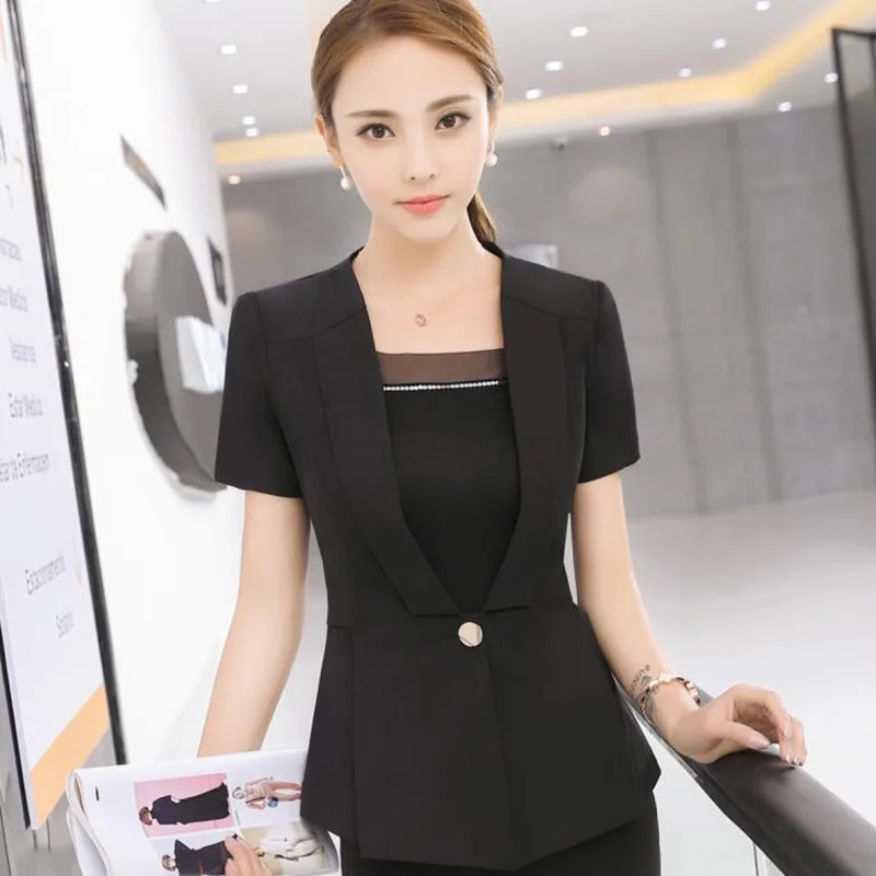 Модный деловой серый женщин блейзер Бизнес новые летние с коротким рукавом