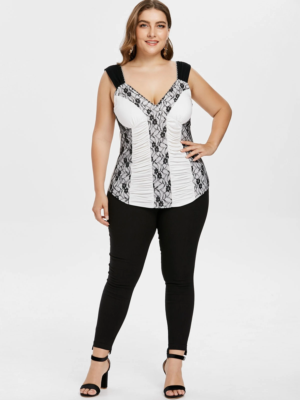 TIBLE плюс размеры майка 5XL 4XL Ruched кружевная бейка большой tanktop цветочный v образным