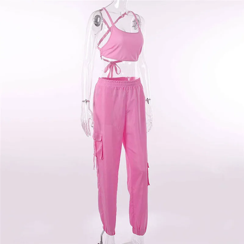 

Womens 2Pcs/Set Summer Suit Sleeveless Backless Suspenders Crop Top Vest Long Pants Outfit Fashion New Female Clothes Tracksuit