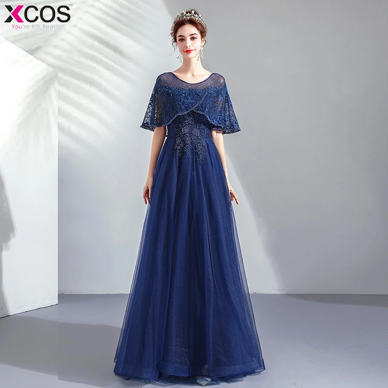 Формальные Вечерние платья Длинные Для женщин изящный темно синий плащ Стиль