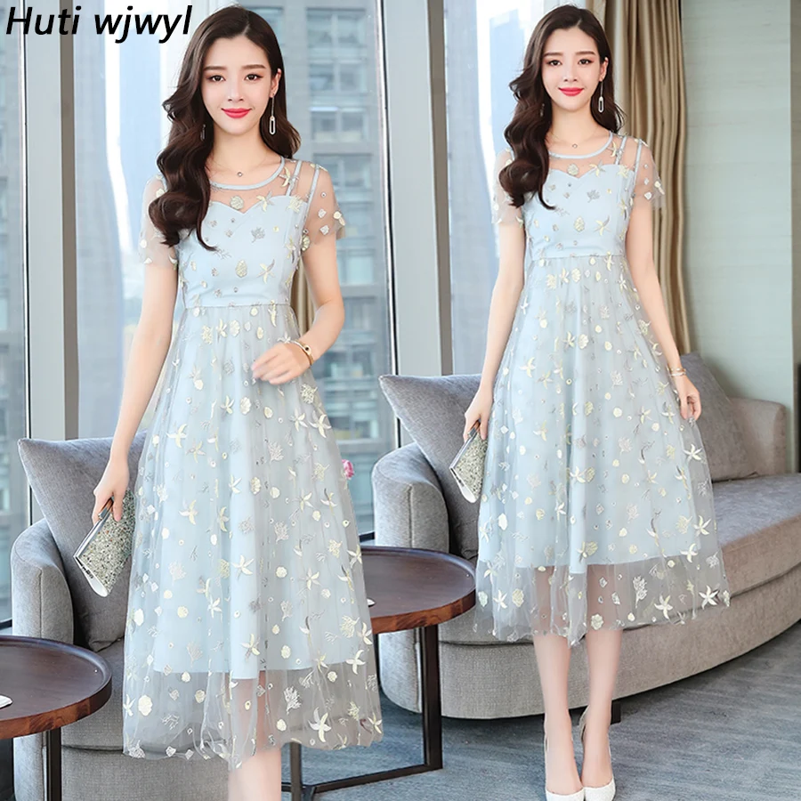 2019 Korean Vintage Boho Sundress Summer Plus Size Mesh Lace Dresses Elegant Women Bule Beach Midi Bodycon Short Sleeve Vestidos | Женская