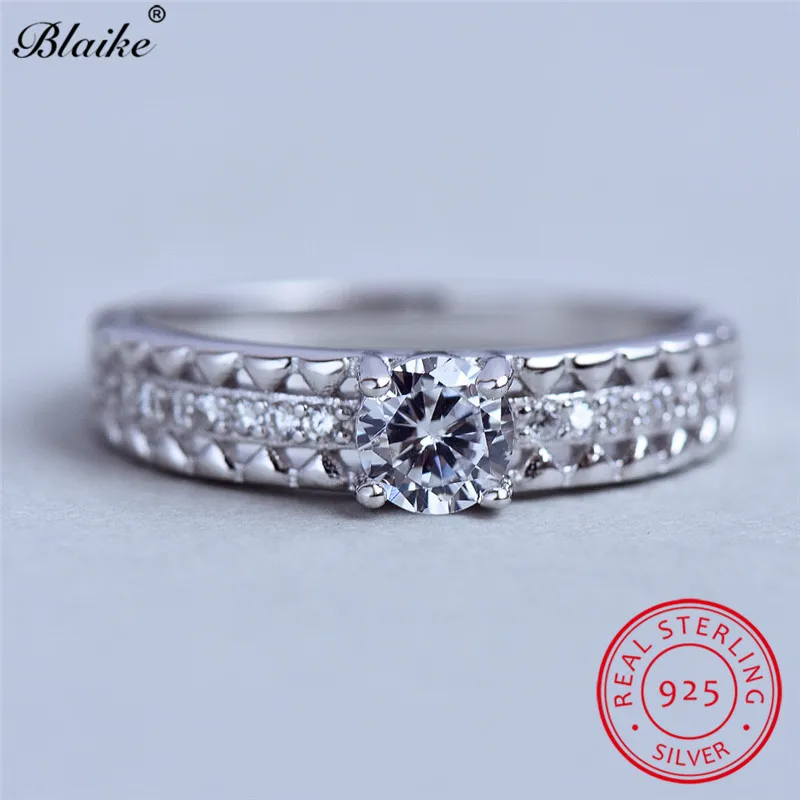 Blaike 925 Серебряные кольца для женщин круглый белый алмаз камень Обручальное