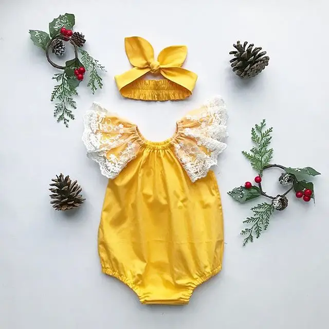 Pudcoco Одежда для новорожденных девочек сплошной Цвет кружевное платье без рукавов с оборками Детский комбинезон с повязкой-бантом, комплект из 2 предметов, наряды одежда из хлопка - Цвет: Цвет: желтый