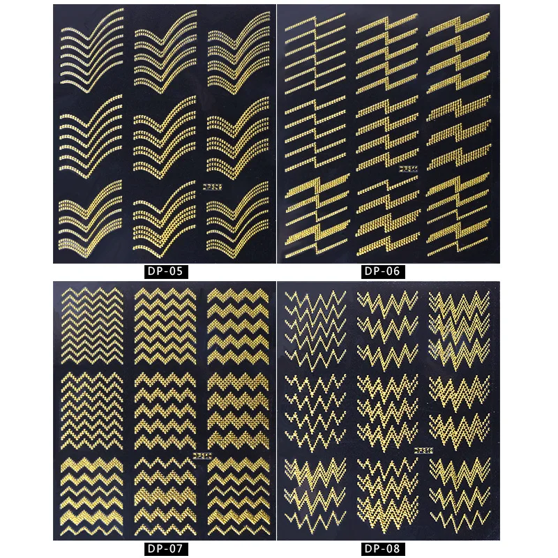Золотые наклейки для ногтей металлическая подводка-стикер 8 тилей волнистые