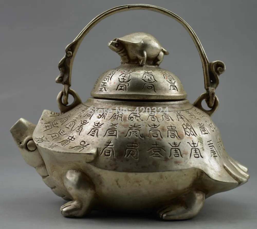 Old Handwork Tibet Silver Carved Tortoise Big Teapot exquisite Marble Art Rare Vintage Decoration real Tibetan Silver Brass