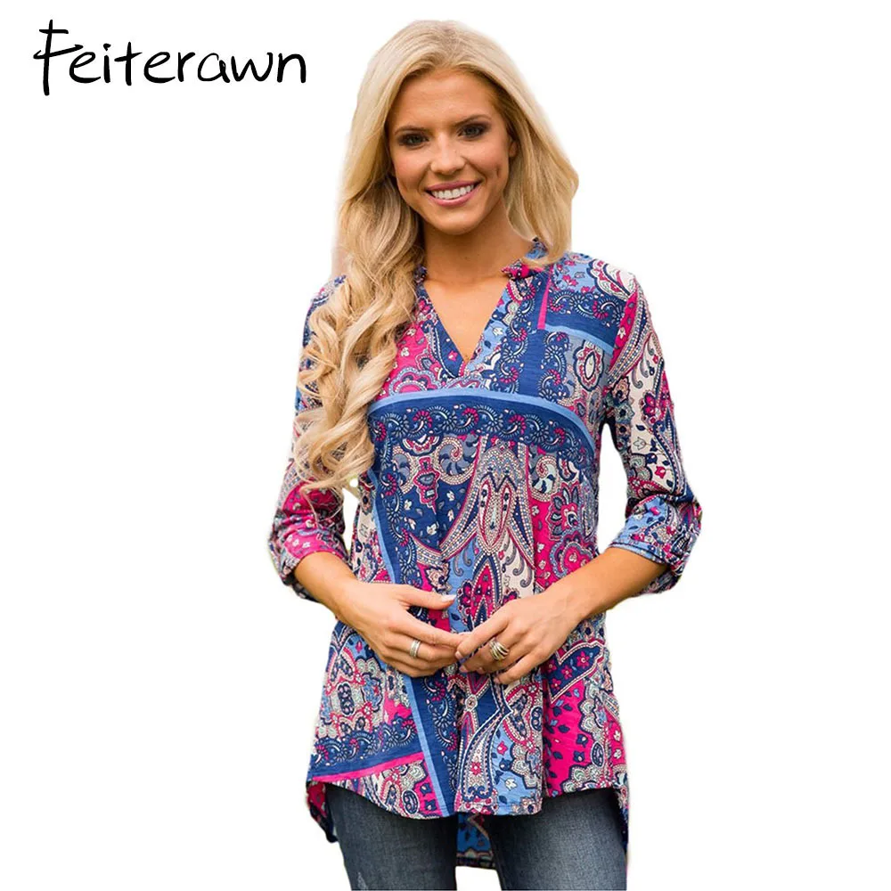 Feiterawn Floral Blouse Women Magenta Paisley Blossom Print Slight V Neck Blusas 2018 Lady Big Size Roll Up Sleeve Slit Blouses |