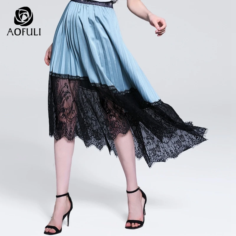 AOFULI L ~ 4XL 5XL большой размер плиссированная юбка волнистая Цветочная кружевная
