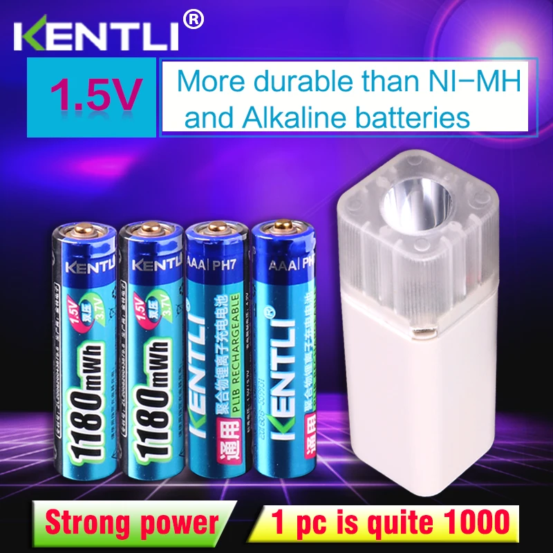 

KENTLI 4pcs 1.5v 1180mWh AAA rechargeable polymer lithium battery + 4 slots aa aaa lithium battery charger with flashlight