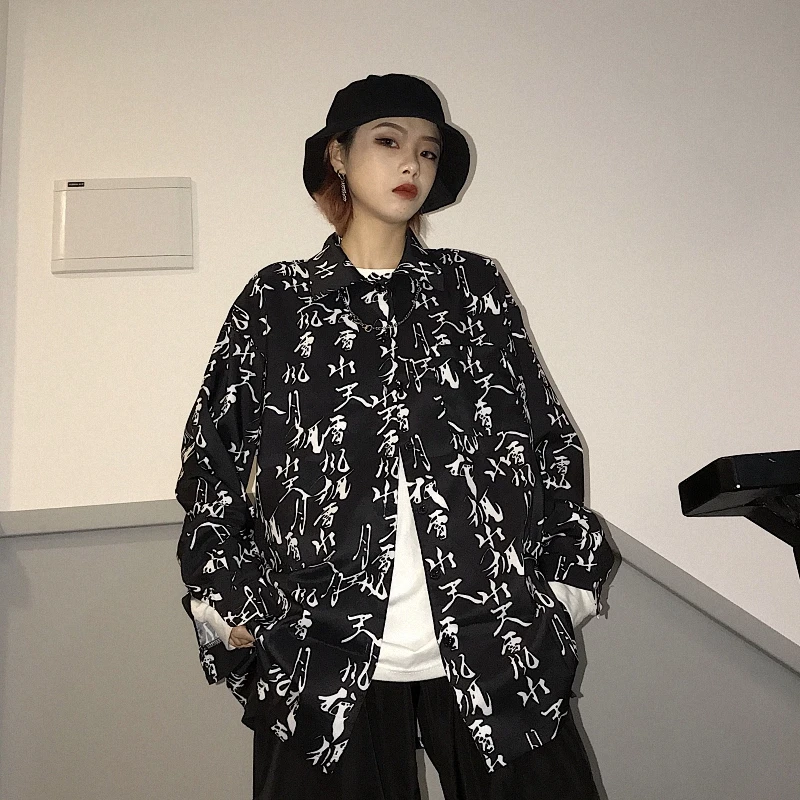 Китайские ретро рубашки с персонажами печати длинный рукав свободный кардиган