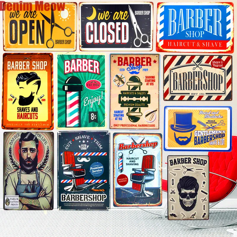 

Haircut & Shave Retro Metal Plates Pub Decoration Shop Advertising BARBERSHOP Wall Stickers Top Hairstyle Art Plaque Home Decor