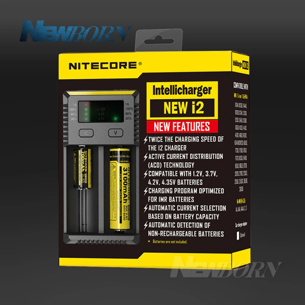 NITECORE Новая версия 1 шт зарядное устройство для батарей 16340 10440 AA AAA 14500 18650 26650 I2 +
