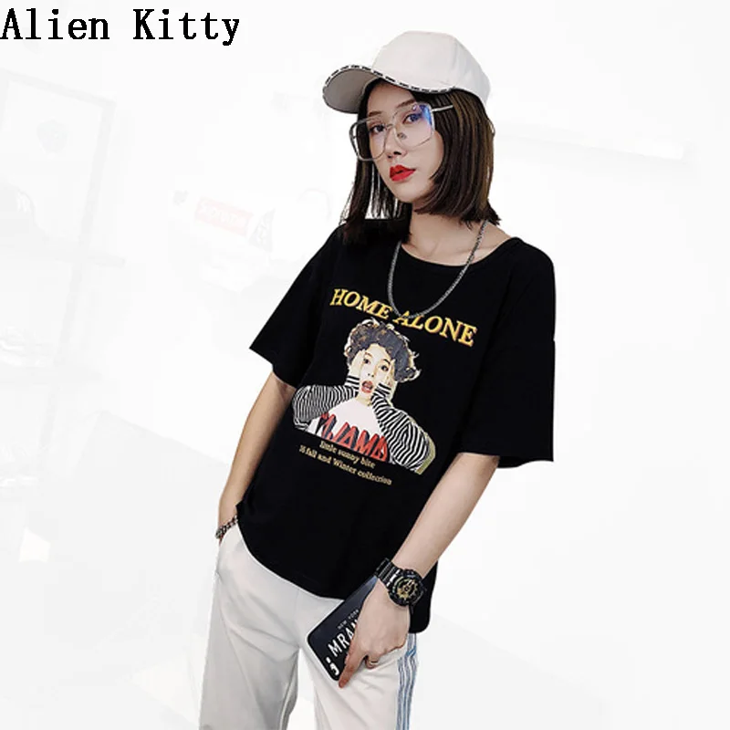 Alien Kitty/2018 простая свободная футболка топы с круглым вырезом летняя короткими