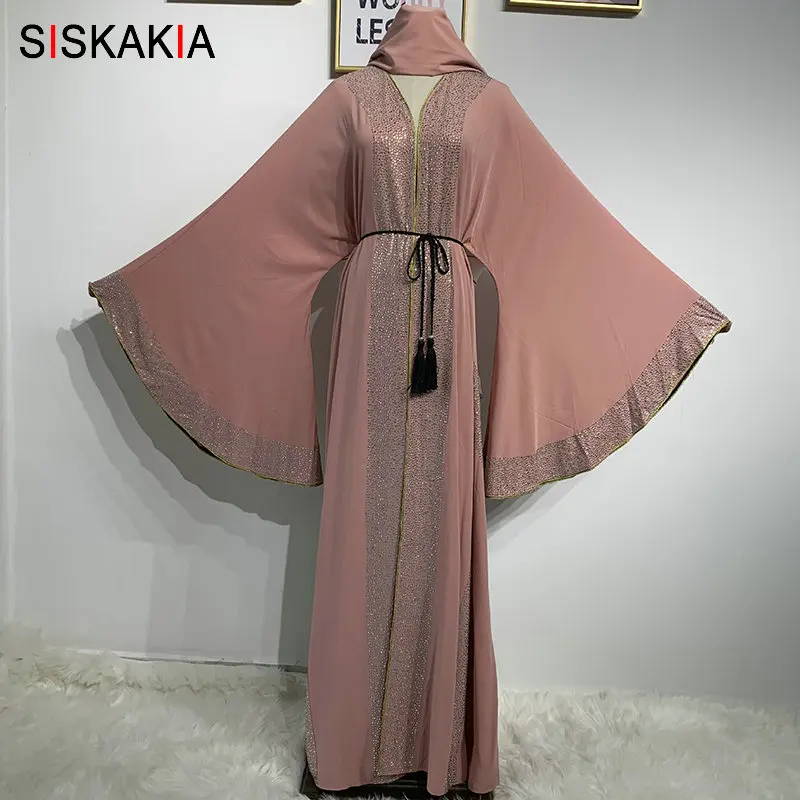 Pink abaya Siskakia Роскошная Горячая фиксация Стразы Цвет Блок мусульманский абайя большой расклешенный рукав кардиган Jubah с твердым шарфом и кисточкой пояс - Цвет: Pink abaya