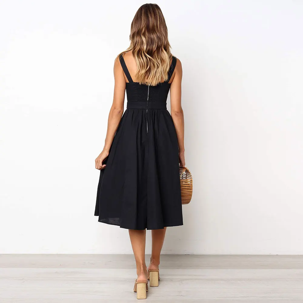 

WildPinky 2020 Sleeveless Dress Women Summer Boho Beach Dresses Women Casual Solid Strap A-line Midi Party Dress Vestidos