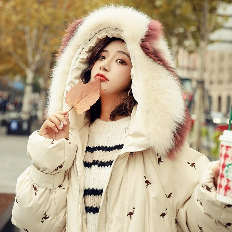 ZURICHOUSE Down Parka Women Long Hooded Fashion Embroidery Warm Natural Big Fur Collar White Duck Down Jacket Winter
