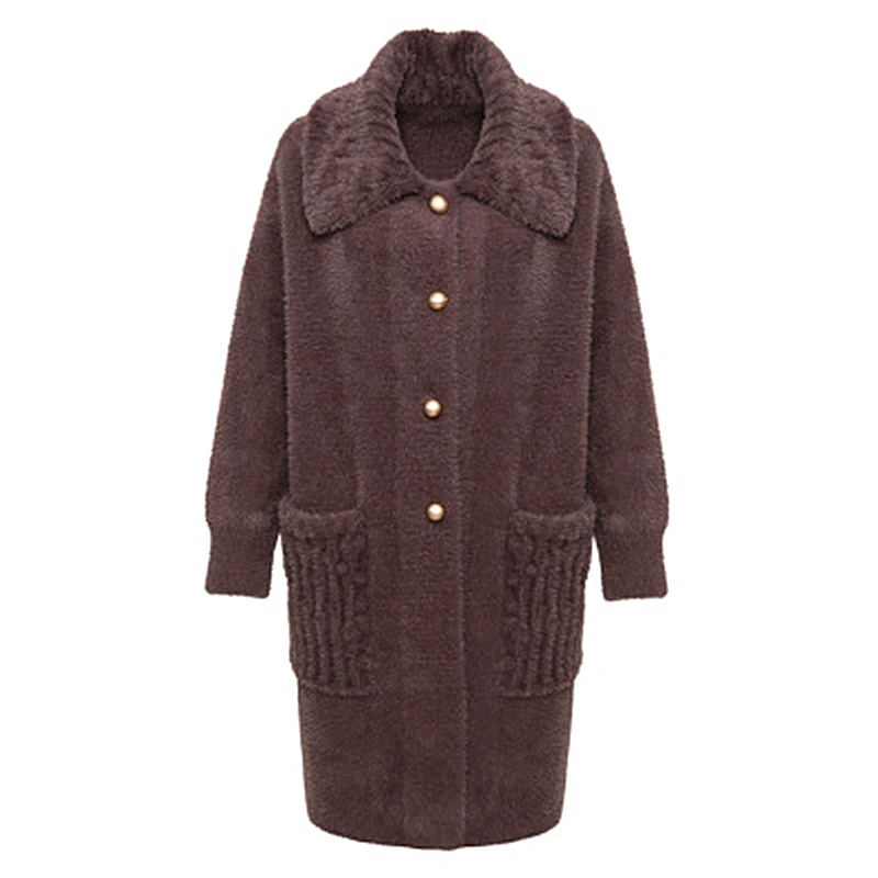 Длинное толстое трикотажное пальто с отворотом имитирующее вельветовое