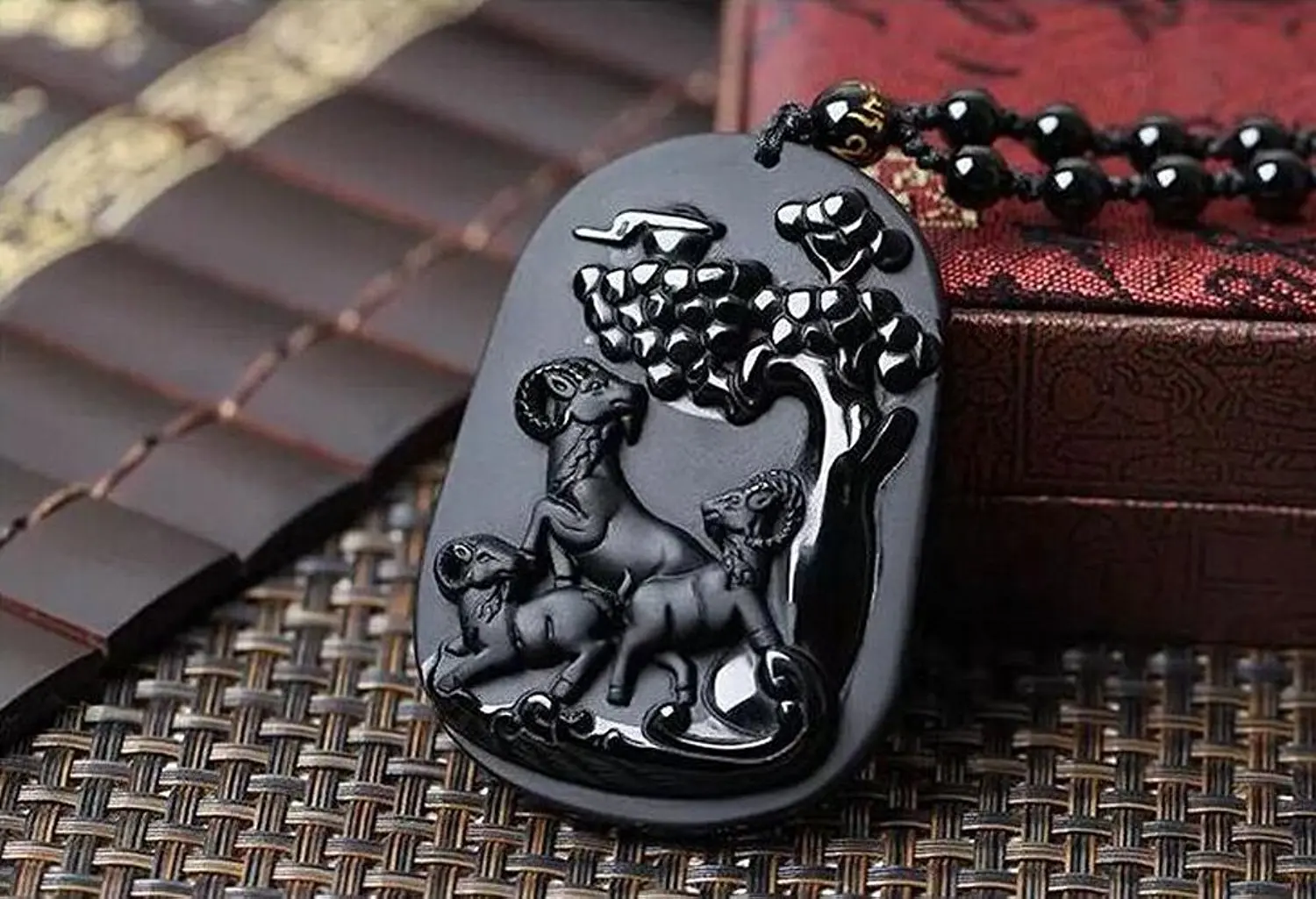 Koraba Fine Jewelry Hand Carved Natural Obsidian Eye Pendant Wishful Three Sheep Necklace Free Shipping | Украшения и аксессуары
