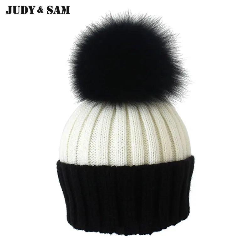 Мода женские зимние трикотажные меховые шапки с реальным мех енота Pompoms ухо protect