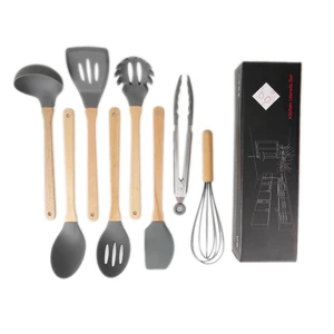 Kitchen Utensil Set Silicone Cooking Utensils for Cookware 8 Piece Kitchen Tool with Wooden Handle Cooking Spoon Set
