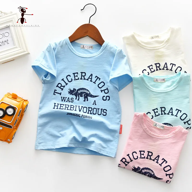

Kung Fu Ant 2019 Summer White Blue Printing Dinosaur pattern Cotton Boy Short Sleeve T-Shirt 3T-8T Child Leisure Kids Top 6201