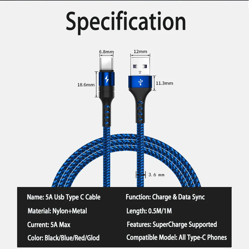 Supercharge 5A Usb type C кабель Quick Charge Qc 3 0 c для зарядного устройства провод шнур huawei P30 Pro Lite