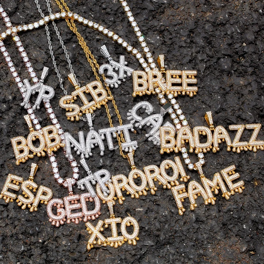 Uwin Custom Words Name Pendants Dripping Bubble Initial Letters With 4mm CZ Tennis Chain Pendant Full Gold Color Iced Jewelry