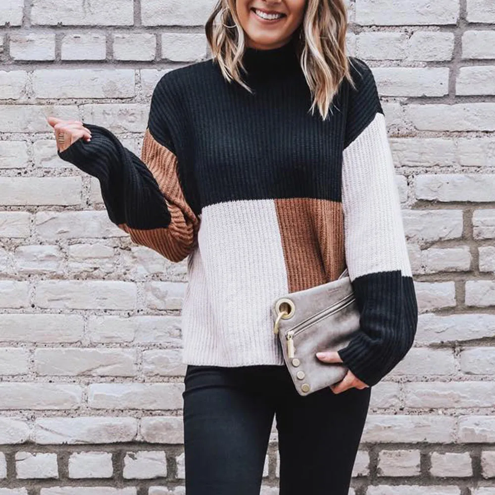 Fashion Slim Femme Elasticity Pullovers Women Colorblock Stand Long Sleeve Knitted Sweater Jumper Pullover Top Blouse | Женская одежда