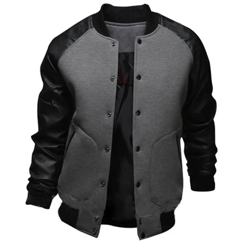 B0290Dark Gray Прохладный колледжа бейсбольные куртки мужчины года Мода Дизайн черный кожаный PU втулки Мужская Slim Fit Varsity куртки мужские куртки Марка - Цвет: B0290Dark Gray
