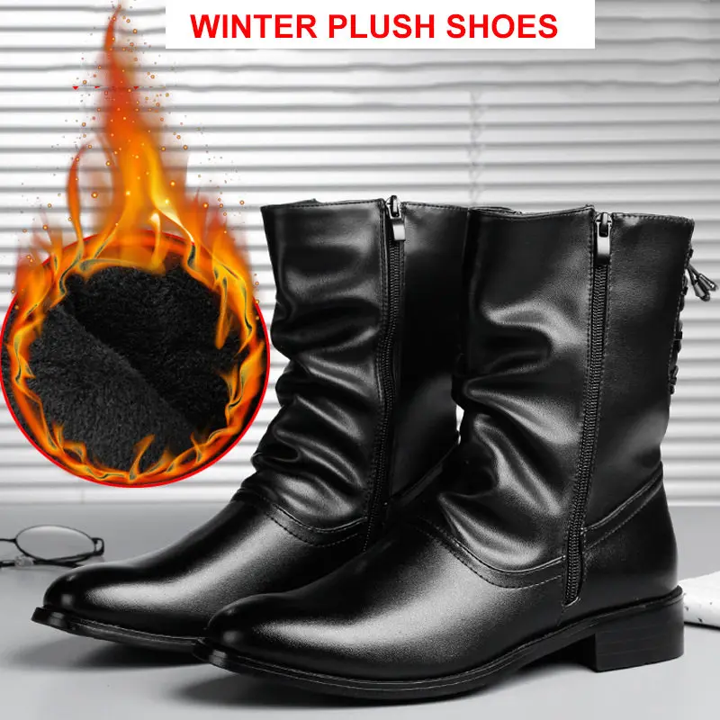 Black Boots With Fur Merkmak/Брендовые мужские ботинки из натуральной кожи с острым носком; мягкие дышащие туфли; Модные Винтажные повседневные туфли на плоской подошве; сезон осень-зима - Цвет: Black Boots With Fur