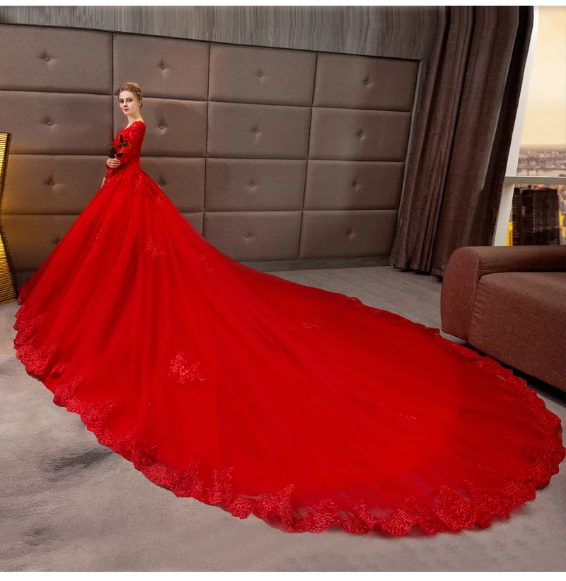Винтажное кружевное свадебное платье с длинным рукавом Vestido De Noiva, бальное платье с v-образным вырезом, Красные Свадебные платья с длинным шлейфом, Robe De Mariee