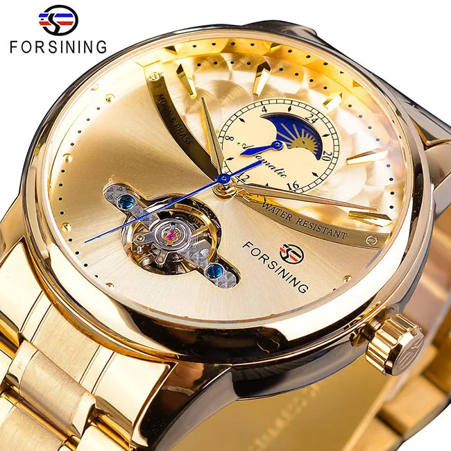 Forsining Blue Moon Phase автоматические мужские часы, деловые часы, повседневные, стальной ремешок, водонепроницаемые, спортивные, механические, Relogio Masculino - Цвет: S1150-5
