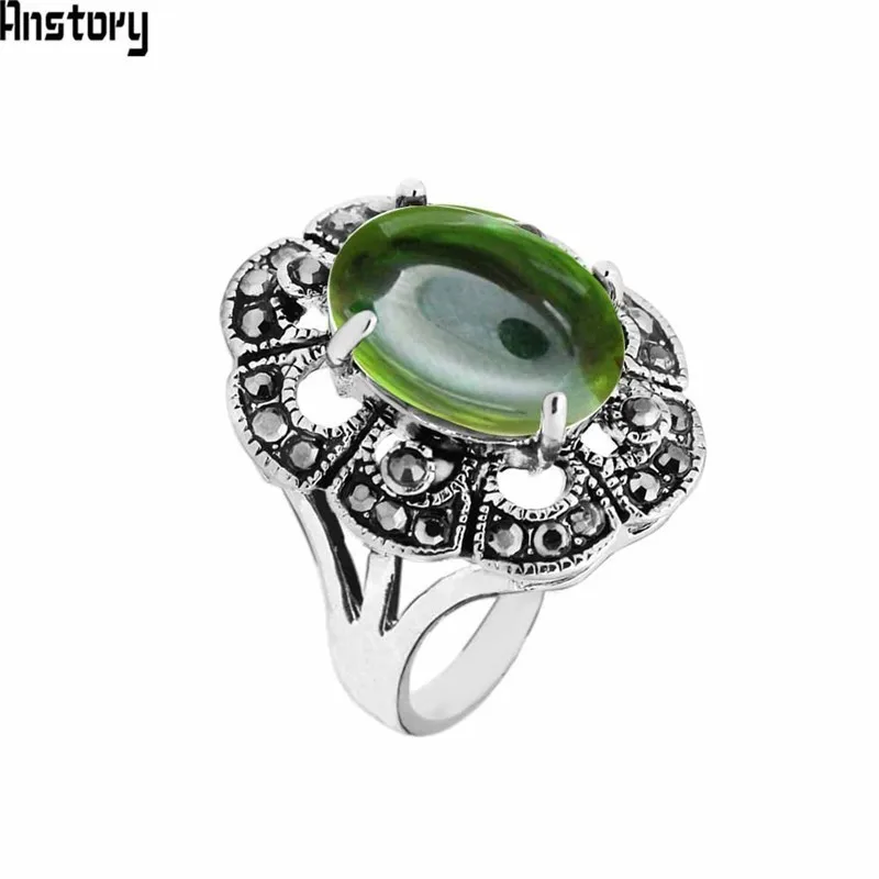 Oval Green Crystal Rings For Women Vintage Look Antique Silver Plated Rhinestone Plum Flower Fashion Jewelry TR696 | Украшения и