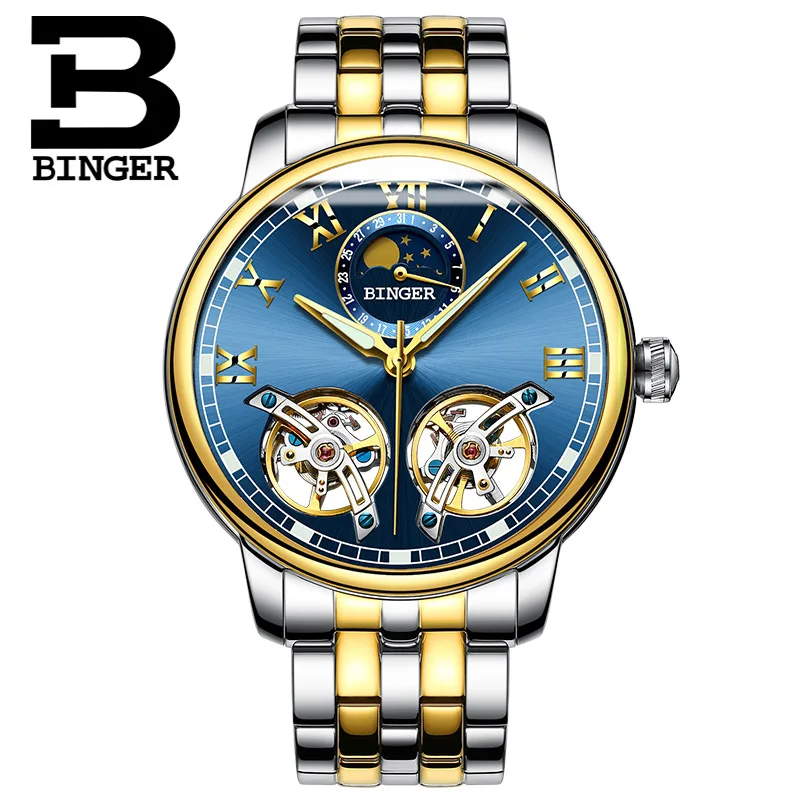 2019 NEW BINGER Unique Design Style Double Tourbillon Skeleton Watch Full Steel Casual Men Mechanical Watches Automatic | Наручные часы