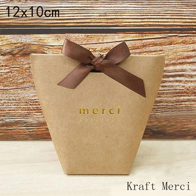 Kraft Merci 5 шт. белая черная крафт-бумага бумажная сумка Бронзирующая французская "Мерси" Спасибо Подарочная коробка пакет сувенир для свадебной вечеринки конфетная коробка с лентой - Цвет: Kraft Merci