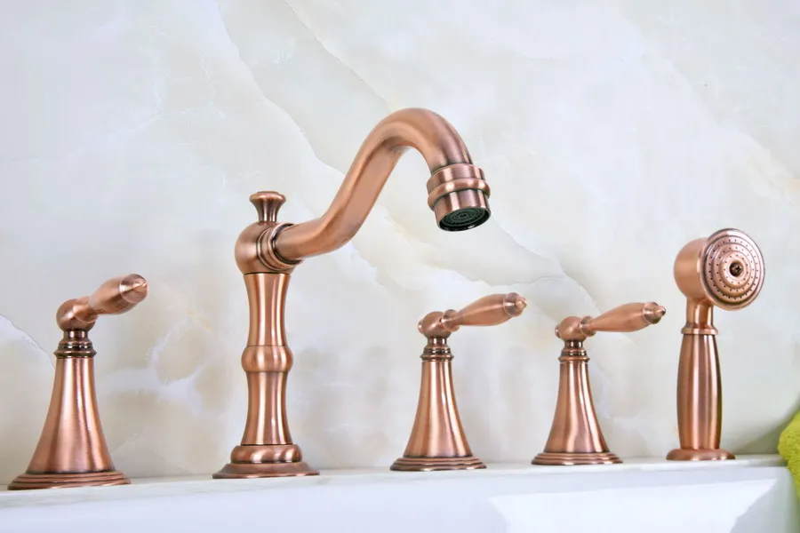 

Antique Red Copper Brass Deck 5 Holes Bathtub Mixer Faucet Handheld Shower Widespread Bathroom Faucet Set Basin Water Tap atf219