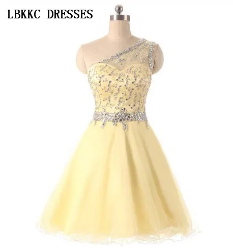 Желтые коктейльные платья на одно плечо расшитое бисером Vestido De Festa Curto Короткие