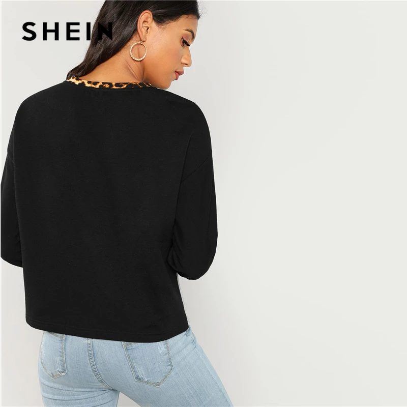 SHEIN Контрастный Леопардовый Пуловер Женская Многоцветная Повседневная Толстовка С Длинными Рукавами И Круглым Вырезом