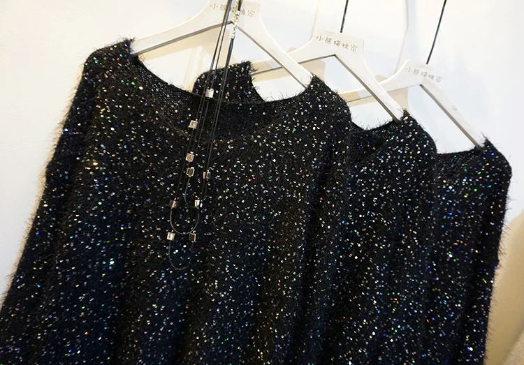 Cakucool Women Sequined Knit Tops Long Sleeve Jumpers Beading O-neck Casual Loose Embellish Sweaters Pullover Lady Black | Женская