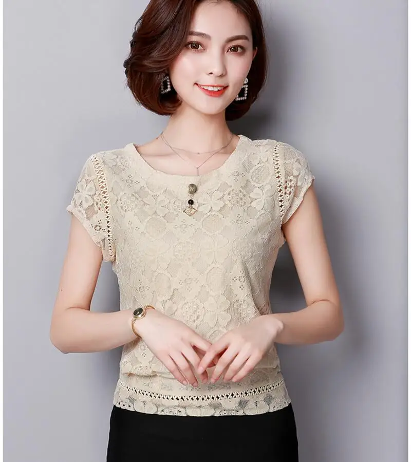 Blusas Mujer De Moda, летняя женская кружевная блузка с коротким рукавом, модные женские рубашки размера плюс, Женские топы и блузки размера s 3XL