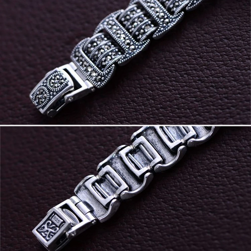 

MetJakt Pure Handmade Vintage Zircon Bracelet Watch Solid 925 Sterling Silver Bracelet for Women's Thai Silver Jewelry