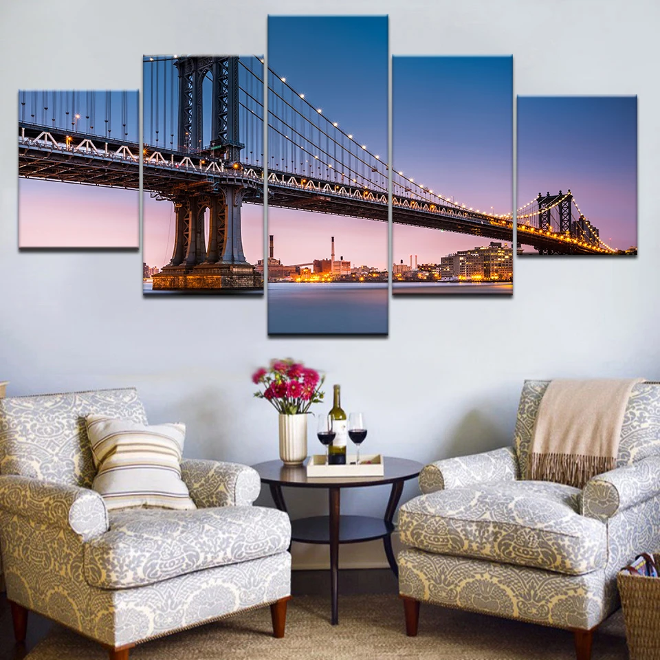 5 шт. HD Печать холст картины Архитектура Нью-Йорк Бруклинский мост на Манхеттене