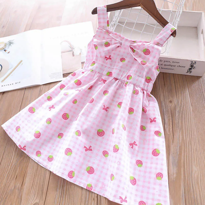 Everweekend Girls Plaid Striped Bow Straps Dress Print Strawberry Watermelon Summer Holiday Clothes Candy Color Sweet Kids | Детская