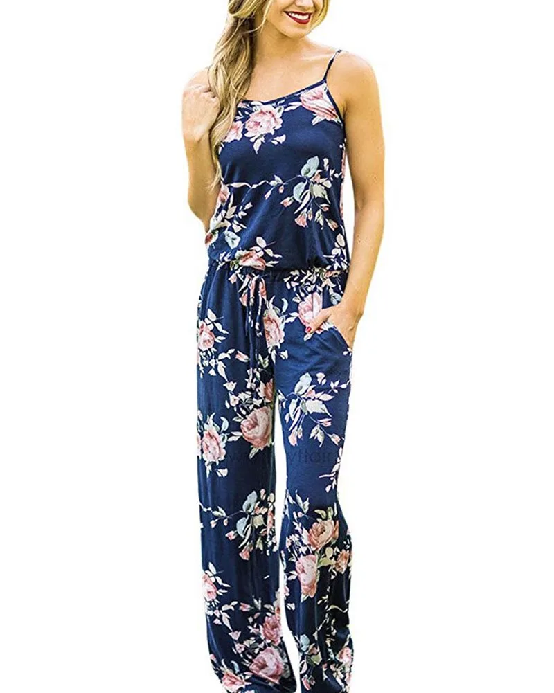 

Hitmebox 2019 New Fashion Summer Women Spaghetti Strap Crew Neck Floral Prints Sleeveless Boho Long Jumpsuit Palazzo Pant Romper