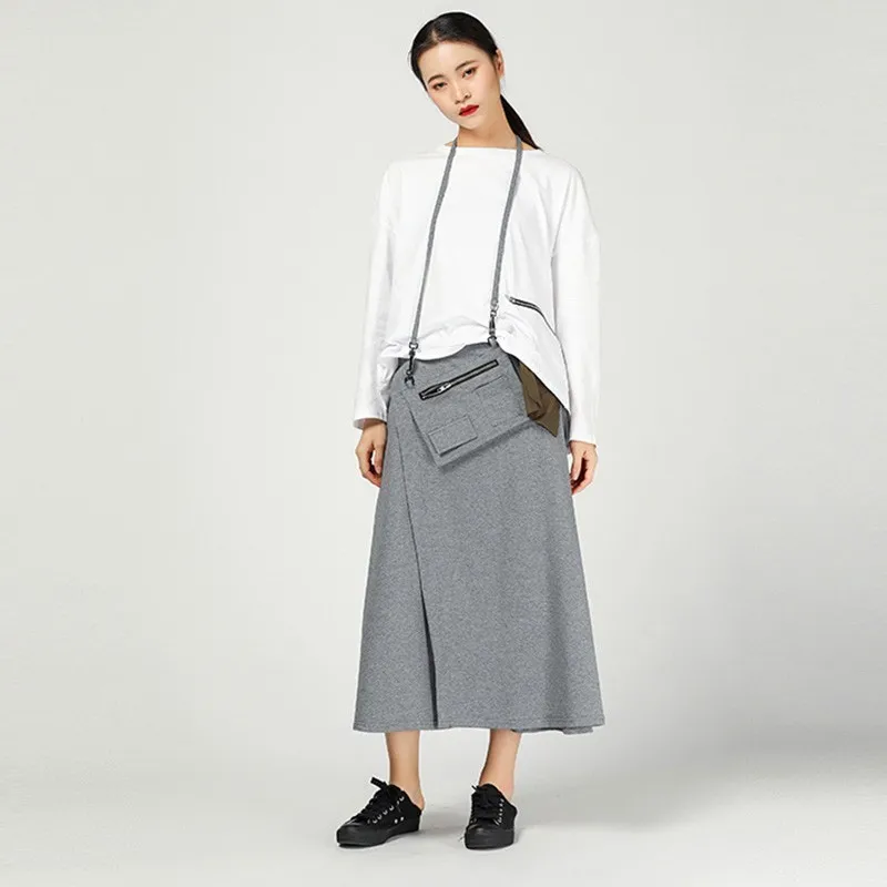 [EAM] New Spring Summer High Elastic Waist Gray Pocket Personality Split Joint Loose Half-body Skirt Women Fashion JL613
