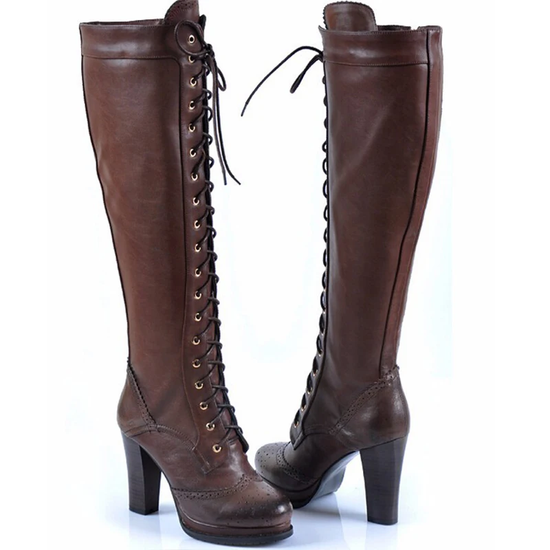 2018 New Winter Women Genuine Leather Thick High Heel Lace-up Round Toe Knee Boots Plus Size 43 44 45 Big | Обувь