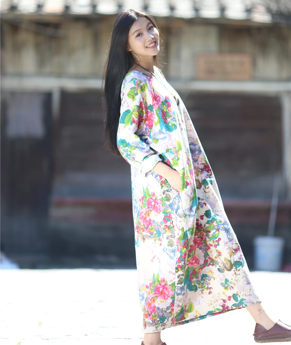 Женское винтажное льняное платье SCUWLINEN свободное повседневное с цветочным