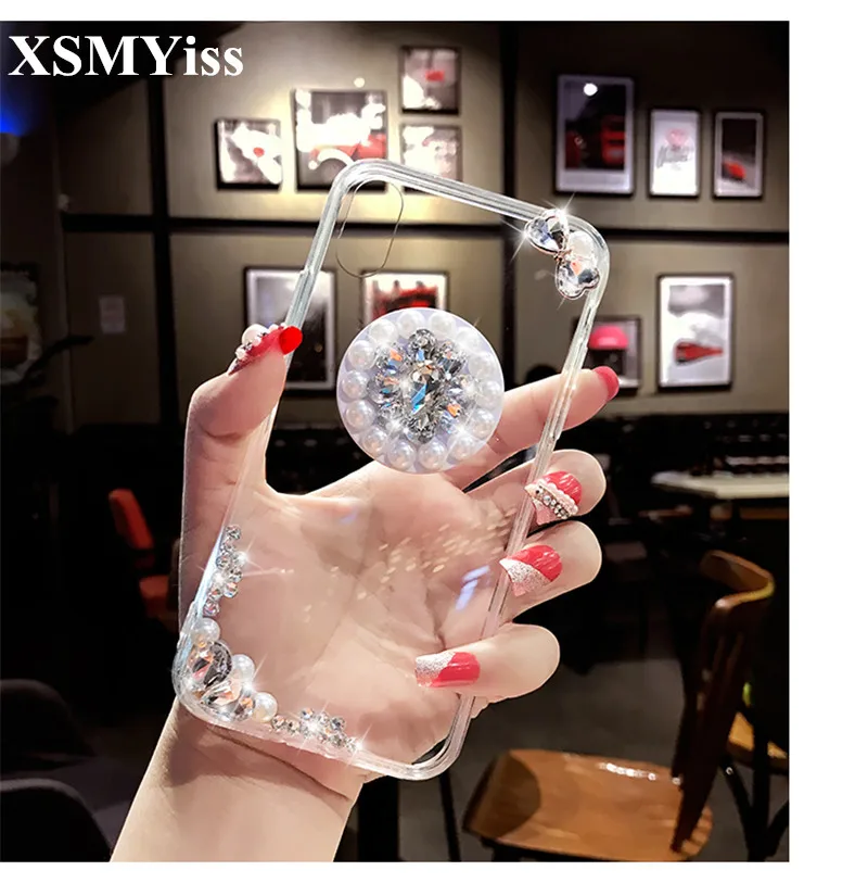 

Bling Transparent Diamond Phone Case For SamsungS7 S8 S9 S10 S20 S21 Plus Note 8 9 10 20 Pearl Diamond Airbag bracket Stand Case