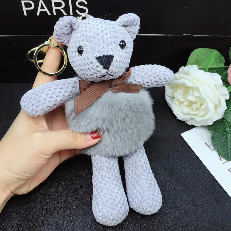 

Cute Fluffy Bear Keychain Pendant Rabbit Fur Pompoms Key Chain Fur Pom Pom Keychain Bag Charm Car Pendant Key Ring 18CM