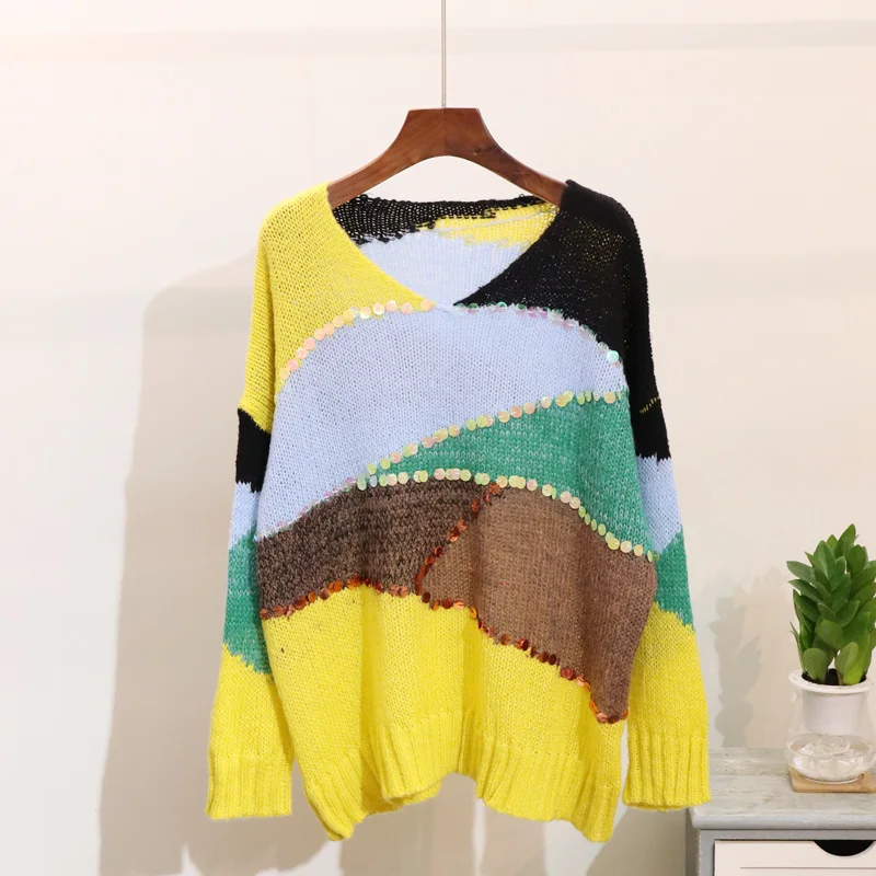Off Shoulder 2018New autumn Women's Loose sweaters fashion pullovers Sequin V-neck Contrast color Street wear knitted jumpers | Женская