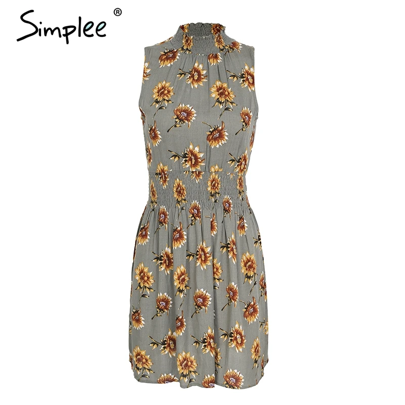 Dark Green Женское мини-платье Simplee с цветочным принтом, короткое платье с эластичной талией без рукавов, пляжный сарафан бохо - Цвет: Dark Green